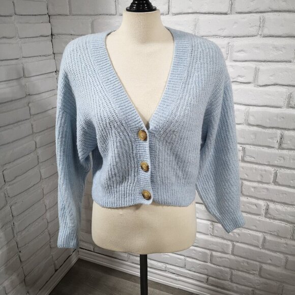 2 / $20.00 Divided H & M Ladies Size Medium Button Front Crop Light Blue Sweater - Picture 1 of 12